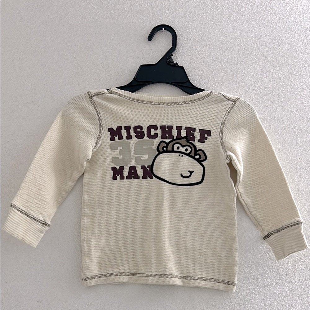 🌺 Kids Cream Long Sleeve Shirt Monkey Mischief Man Tee. Toddler 3T.
